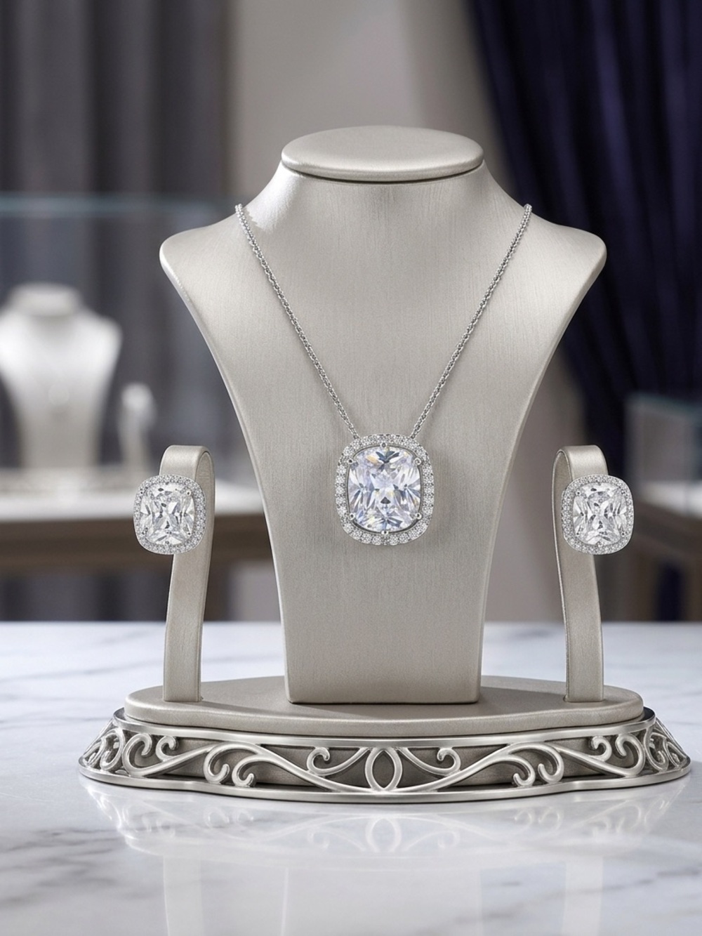 Thomas Laine Hollywood Halo Antique Cushion CZ Silver Necklace & Earrings Set